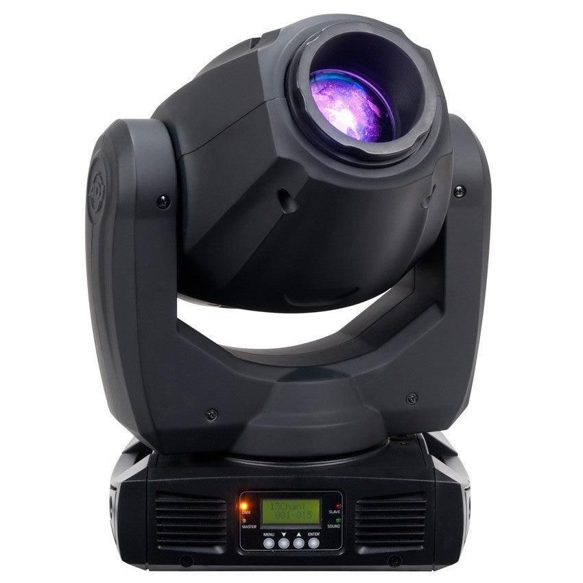 A black moving head light with a purple light coming out of it.