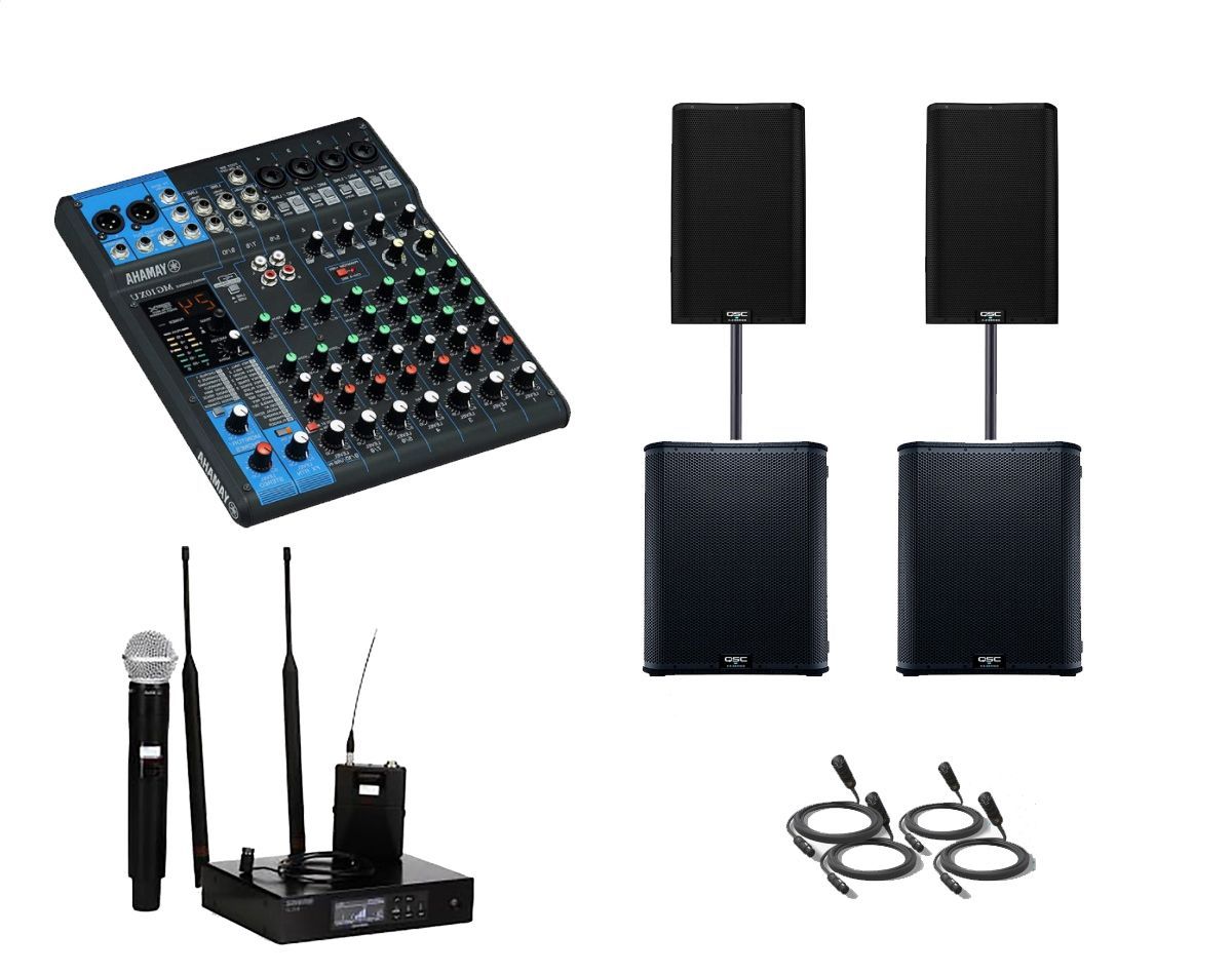 A mixer , two speakers , a microphone , and a pair of headphones.background.