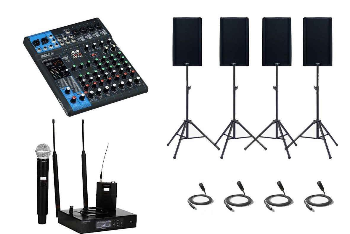 A mixer , speakers , a microphone , and a wireless system.