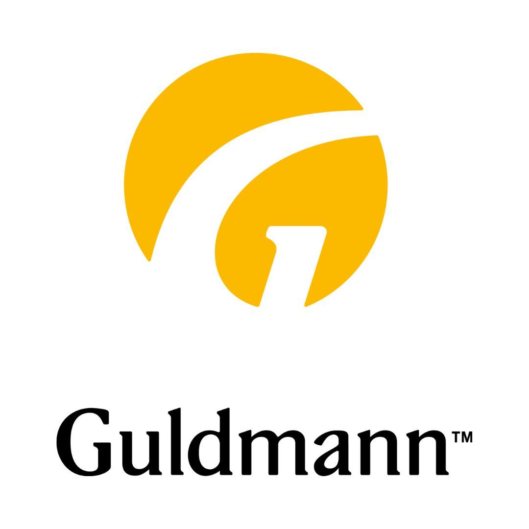 Ein Logo für Guldmann zeigt einen gelben Kreis mit einem weißen Buchstaben G darin