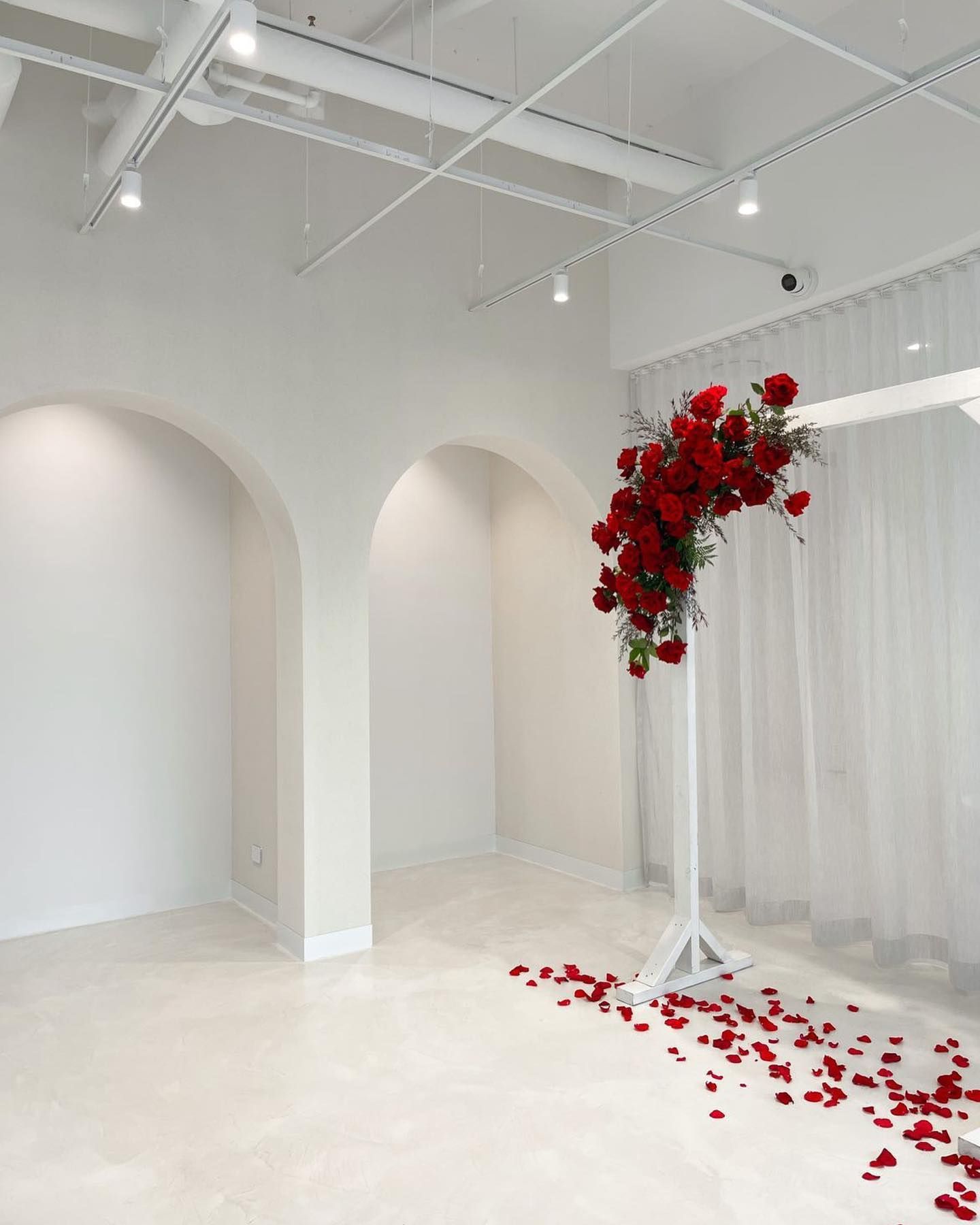 A room with white walls and red flowers on a stand.