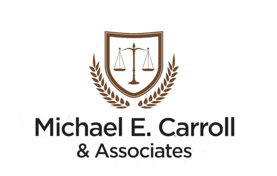 Michael E. Carroll & Associates logo with scales of justice and laurel wreath in brown and black