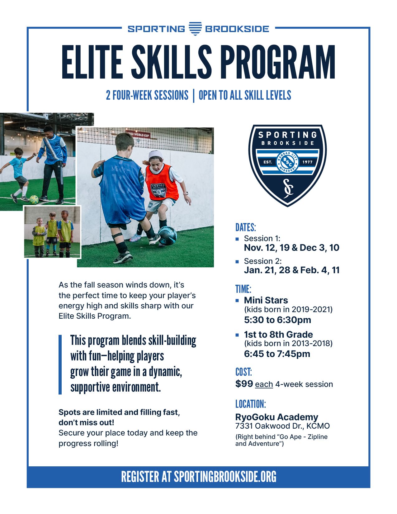 Elite Skills Program - Flyer. Fall and Winter Camps, Sporting Brookside, Kansas City, Missouri