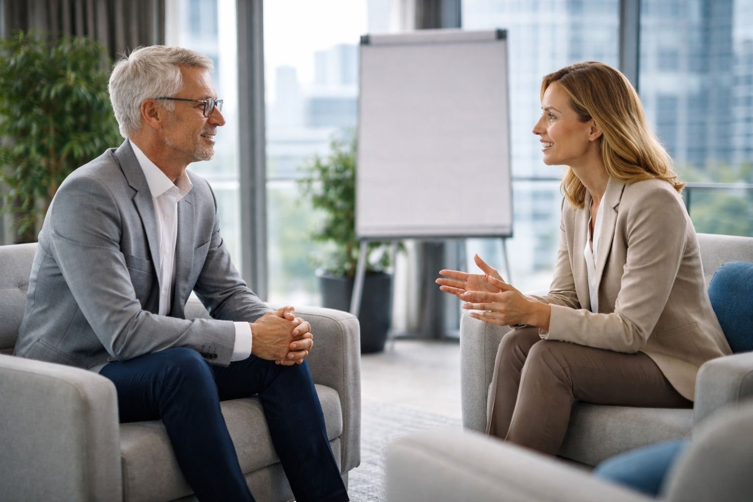 Frau und Mann bei einem professionelles Business Coaching auf Augenhöhe