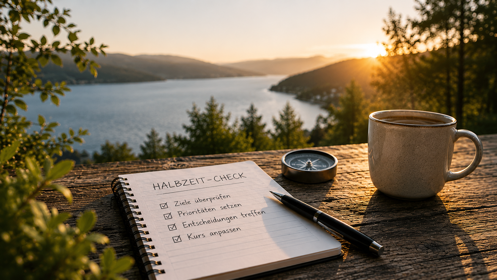 Checkliste für Halbjahres-Check, daneben Kompass und Tasse, im Hintergrund See und Sonnenuntergang