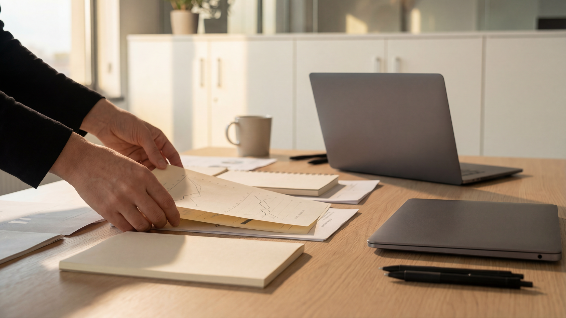 Person bereitet auf einem Schreibtsich Unterlagen für das Onboarding vor
