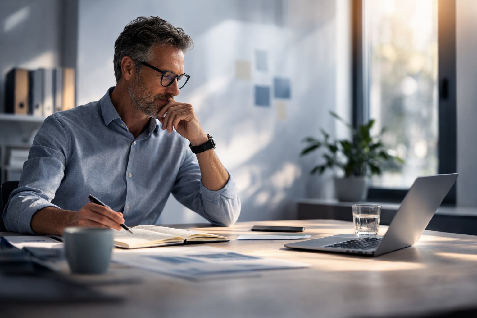 Resiliente Führungskraft sitzt am Schreibtsich und denkt nach