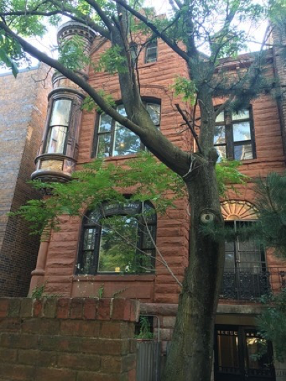 A brick building with a tree in front of it