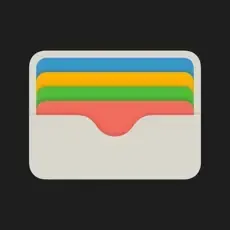 Wallet icon with colorful cards in a light beige holder against a dark background.