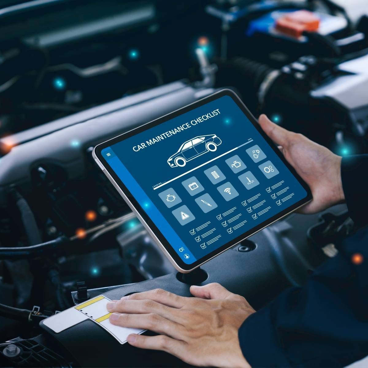A person is holding a tablet with a car maintenance checklist on it