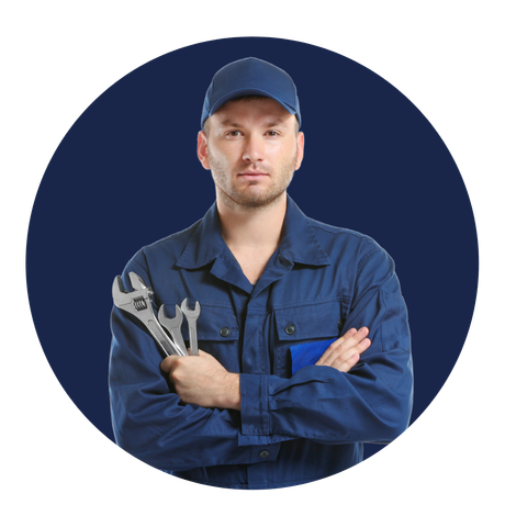 A man in a blue uniform is holding a wrench