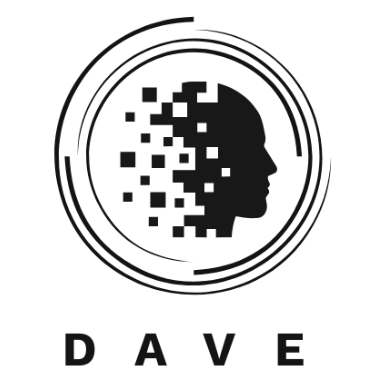 Blue logo: Head silhouette with pixelated effect inside swirling circles, 