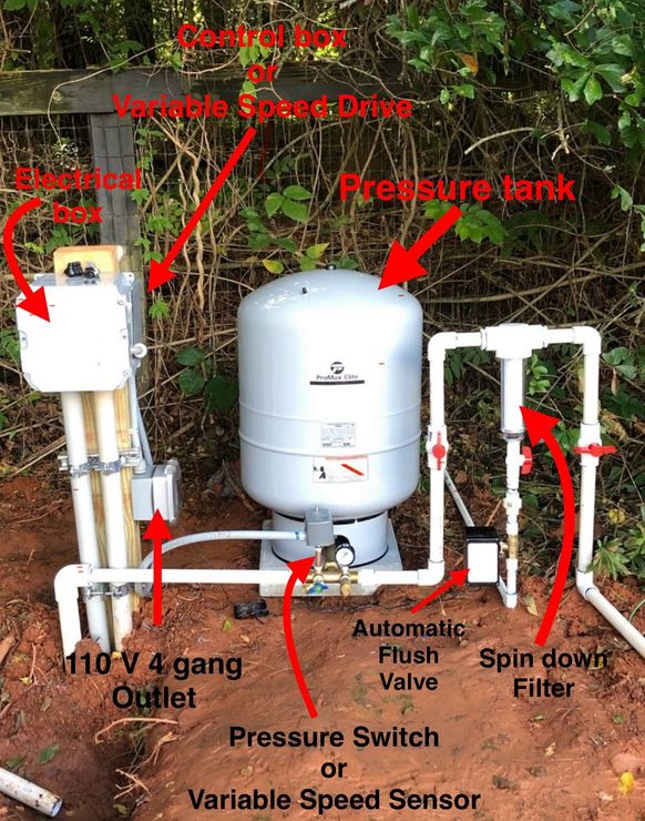 A pressure tank is sitting in the dirt next to a fence.
