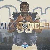 Alex Officer in Raiders uniform, hands on chest, with team logo and draft graphic.
