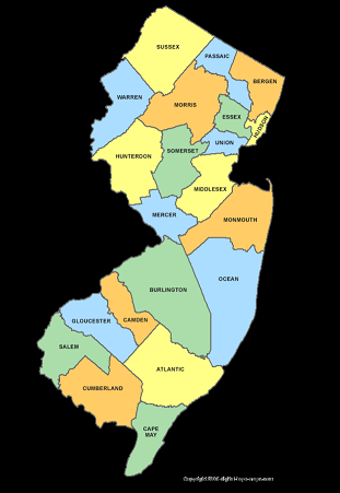 Map of New Jersey, divided into counties and color-coded, labeled with county names.