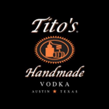 Tito's Handmade Vodka logo with text and orange emblem on a black background.