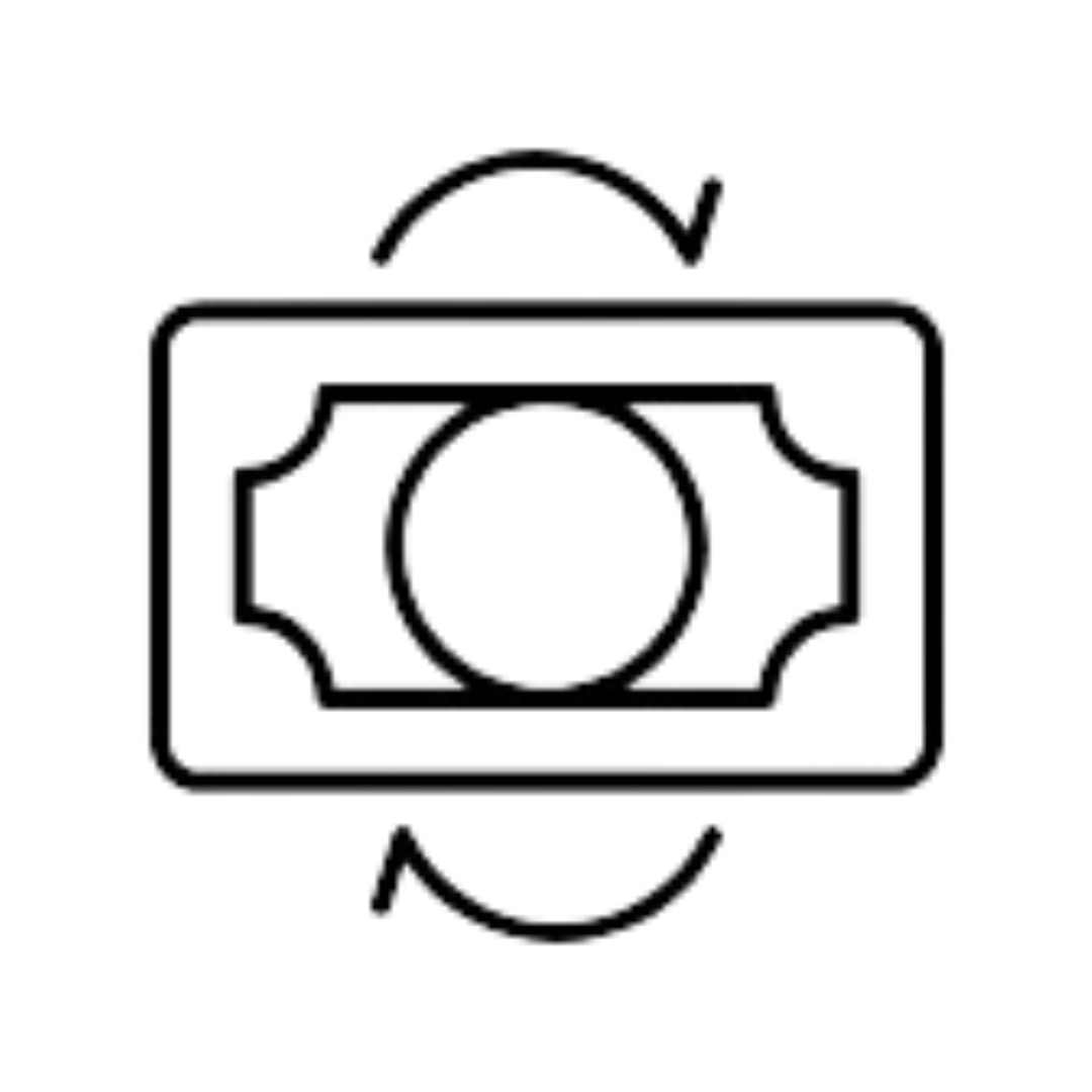 A black and white icon of a dollar bill with two arrows around it.