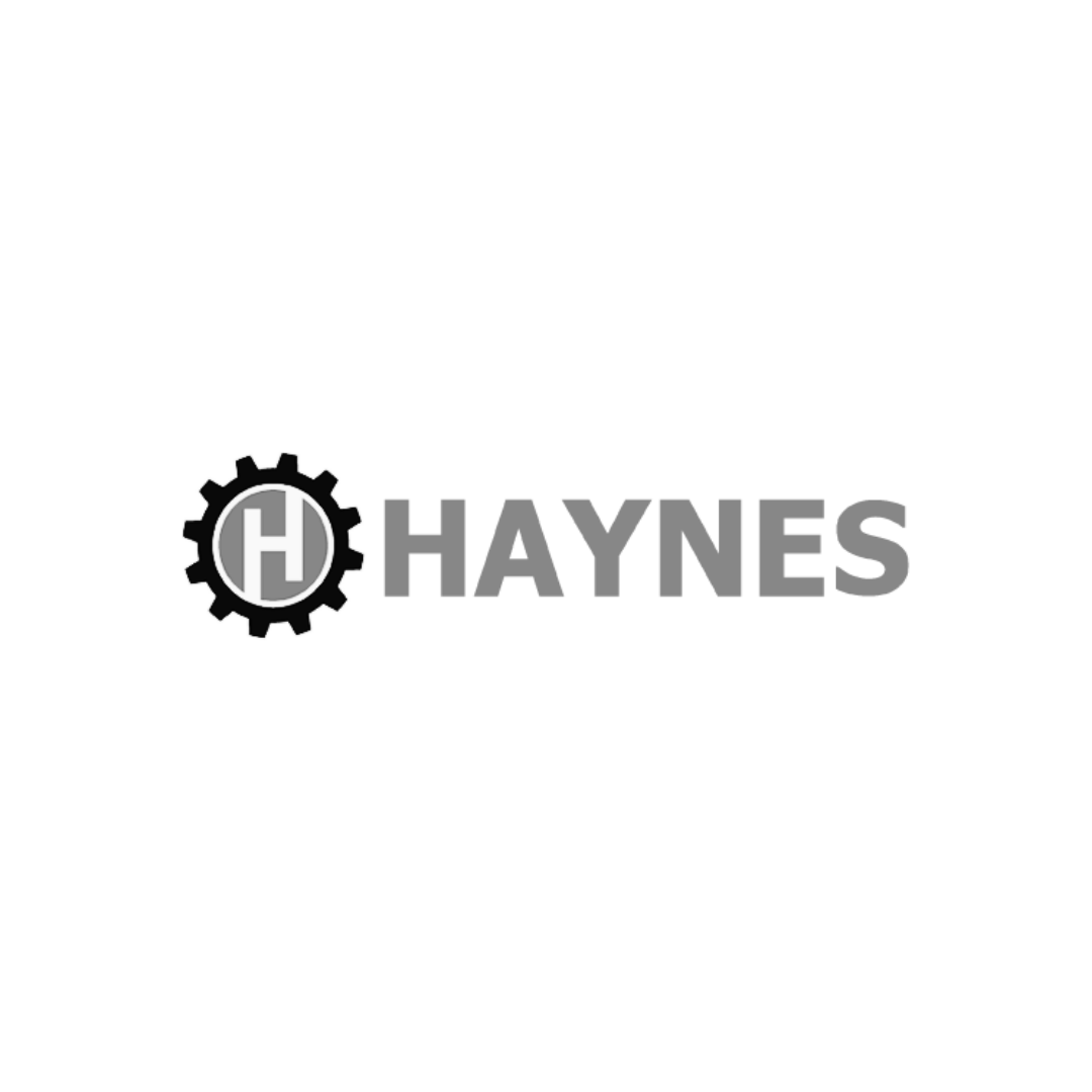 A black and white logo for haynes with a gear in the middle.