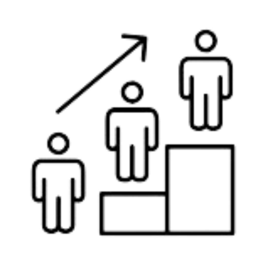 A group of people standing on top of a staircase with an arrow pointing up.