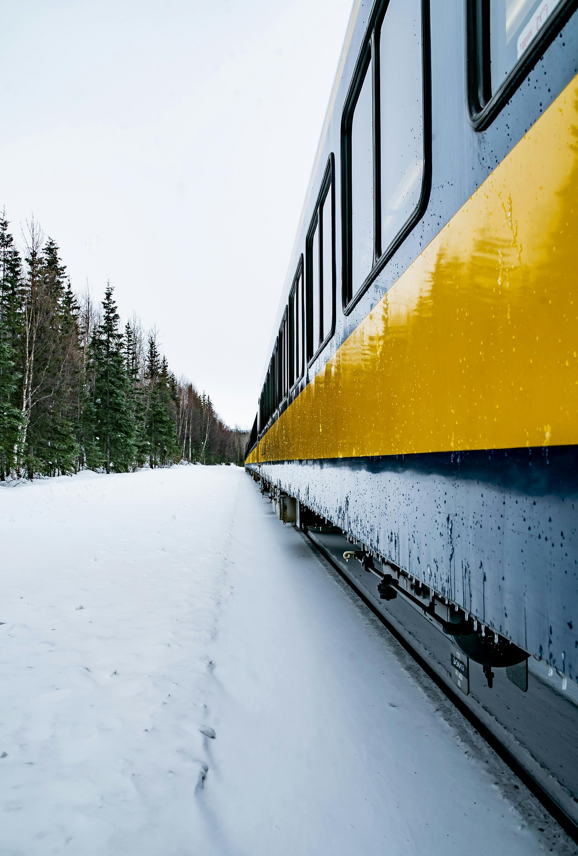 Train car traveling through snowy landscape, blue and yellow paint, trees in background.