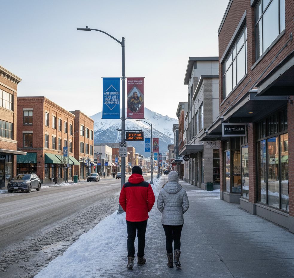 Two people walk on a snowy sidewalk in a downtown area with brick buildings and banners.