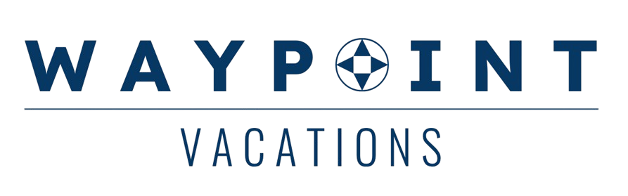 Waypoint Vacations logo with blue text on a white background; a compass design replaces the &ldquo;O&rdquo;.