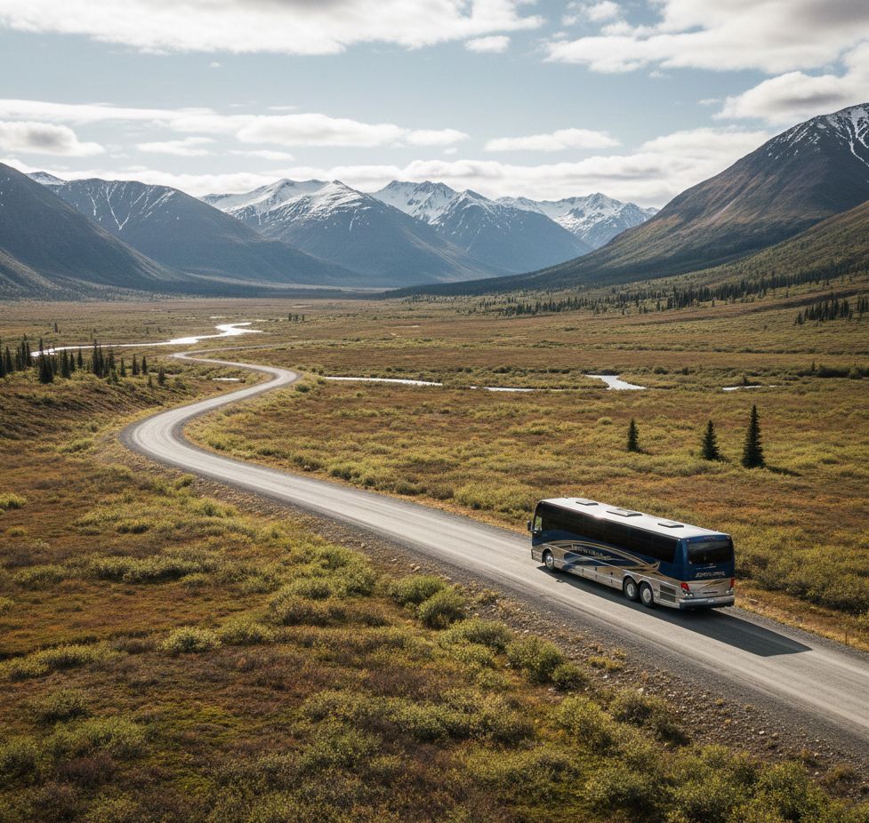 A bus traveling along a winding road through a valley with mountains in the background.