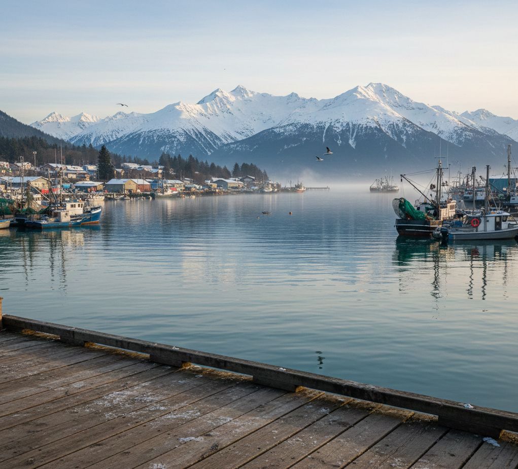 Calm harbor with fishing boats, snowy mountains in background. Wooden pier in foreground.