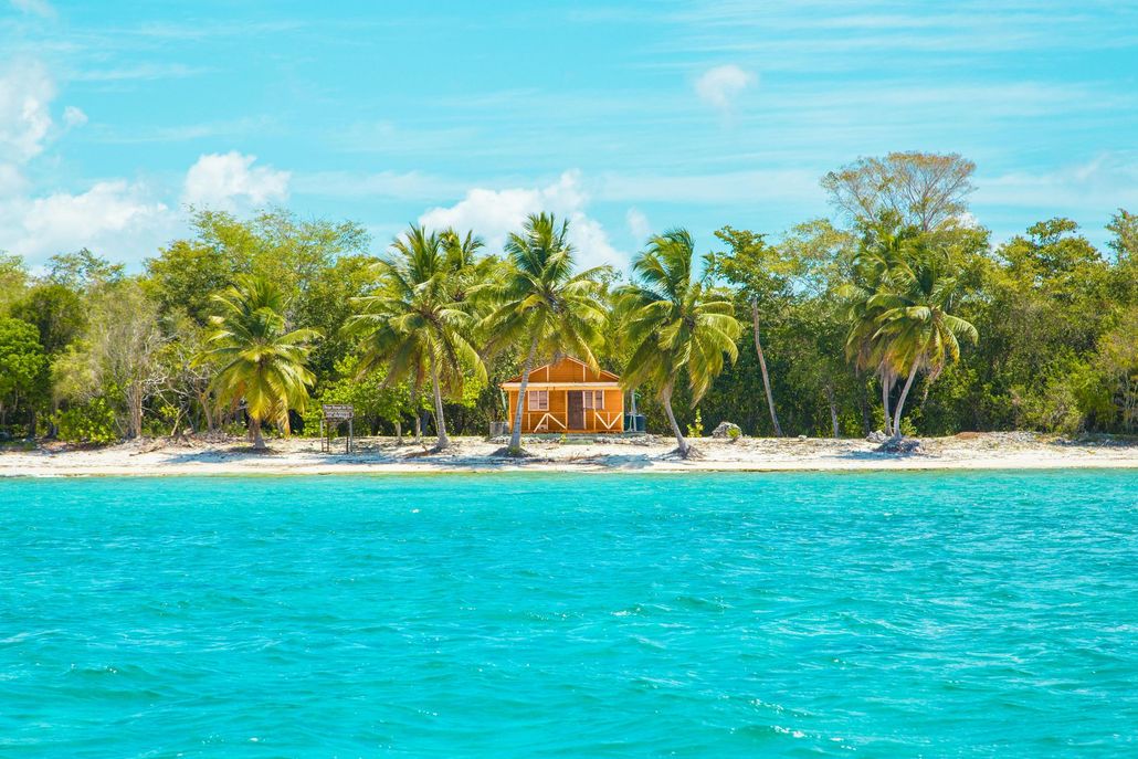 Tropical beach scene with turquoise water, sandy shore, palm trees, and a wooden hut under blue sky.
