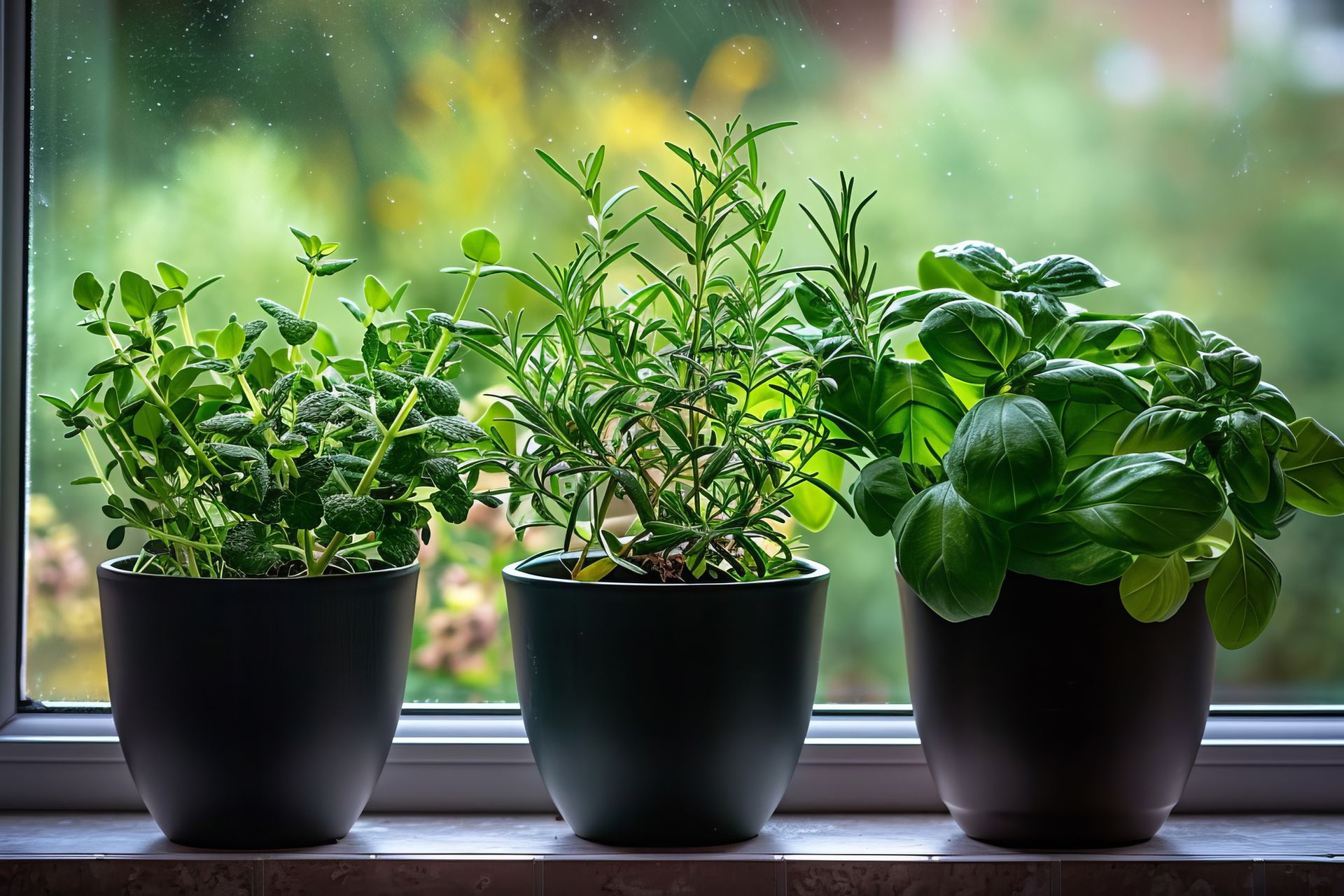Three pots with different herb plants that link to a page with more information about herbs