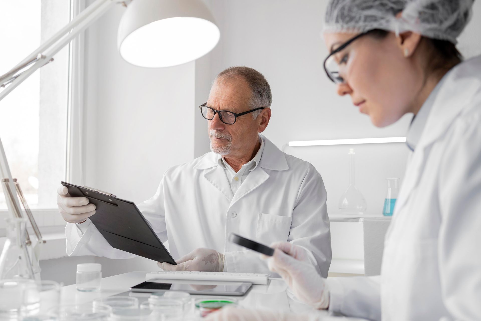 A man and a woman are looking at a clipboard in a laboratory.