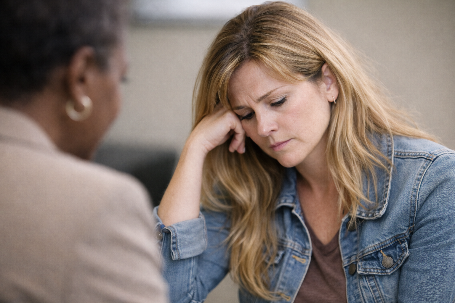 Woman talking to a therapist in a neutral-colored room, seated on a couch with a glass of water.