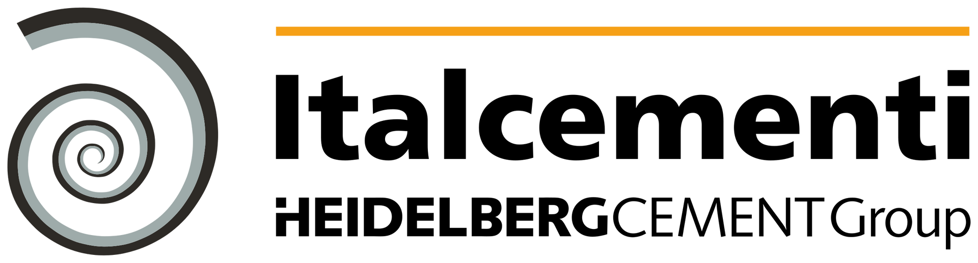 Logo dell'impresa edile Italcementi con un vortice e il nome dell'azienda con la scritta