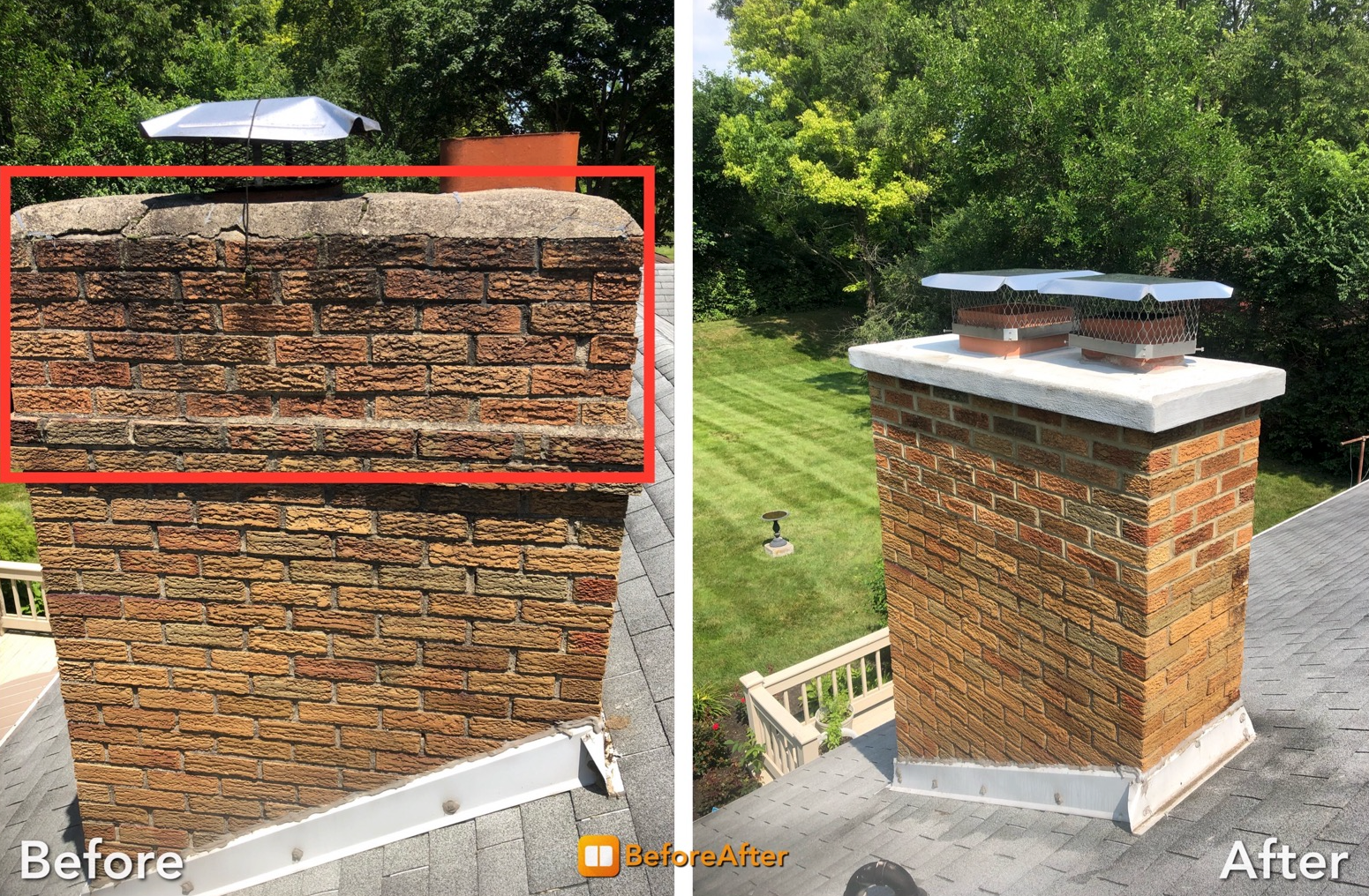 A before and after picture of a brick chimney on a roof.