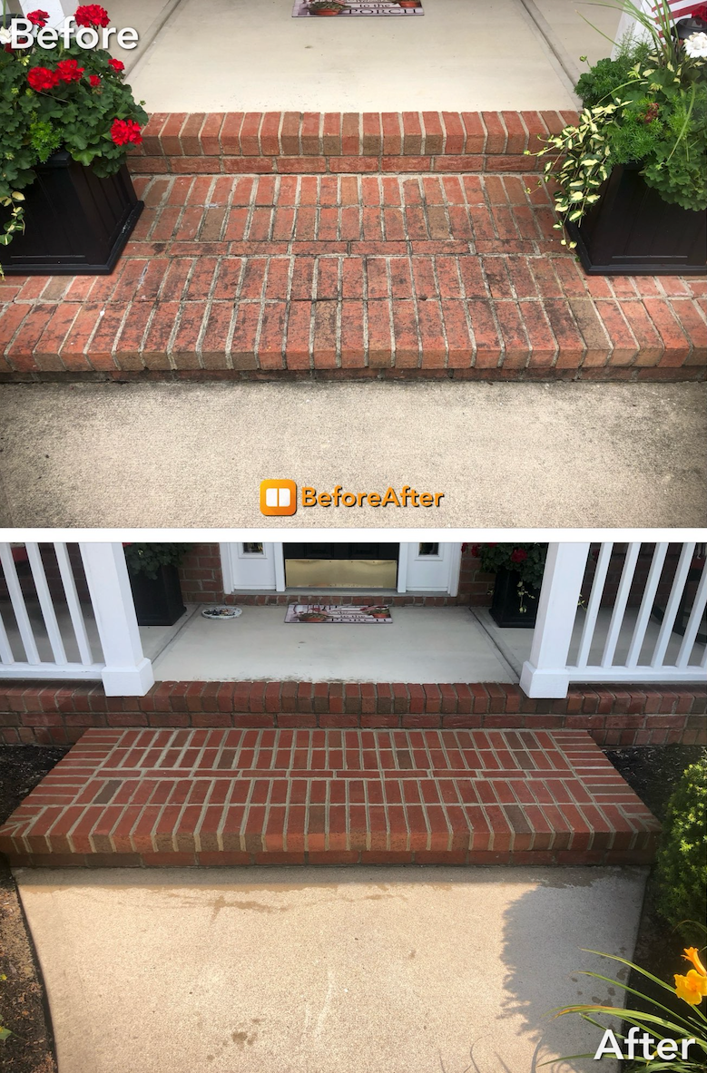 A before and after photo of a brick porch.