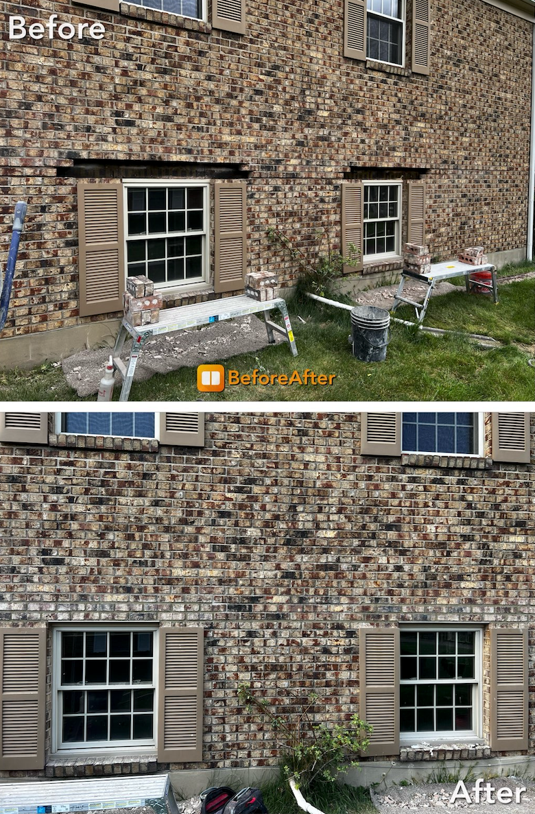A before and after picture of a brick house with shutters on the windows.