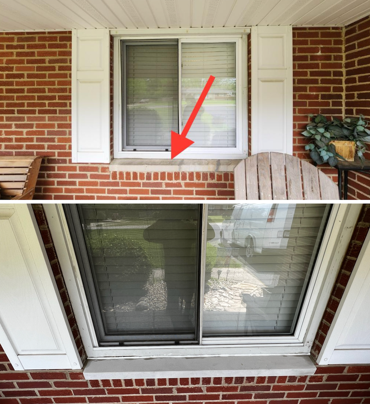 A before and after picture of a window on a brick wall.