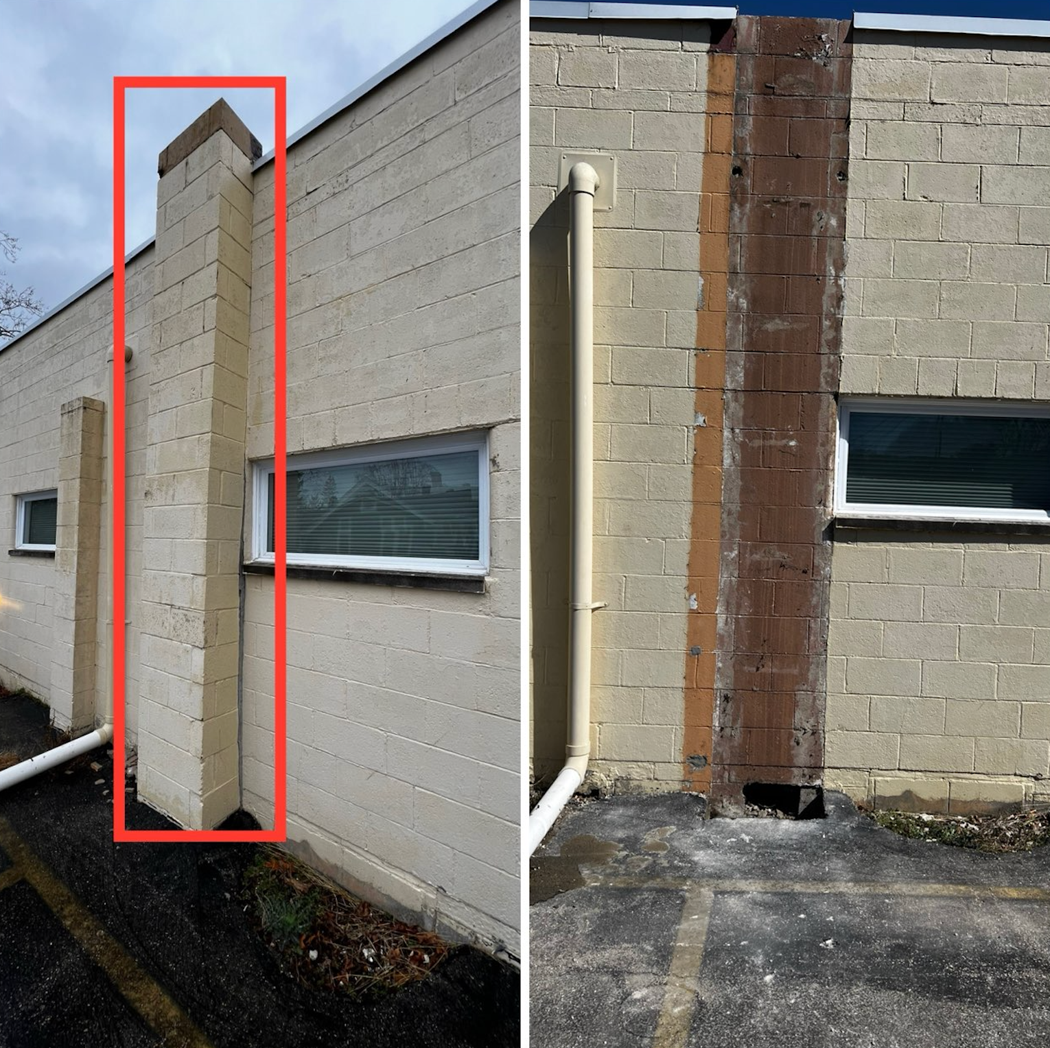 A before and after picture of a brick building