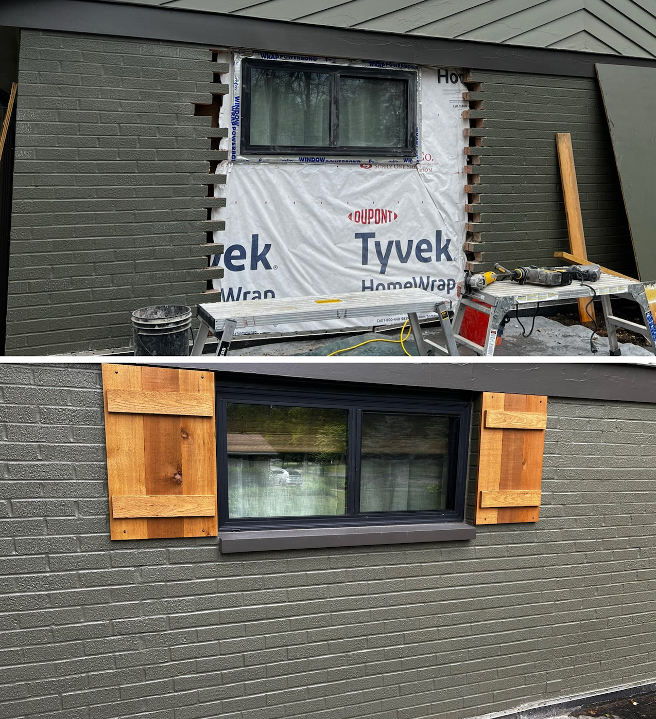 A brick wall with a window and shutters on it.