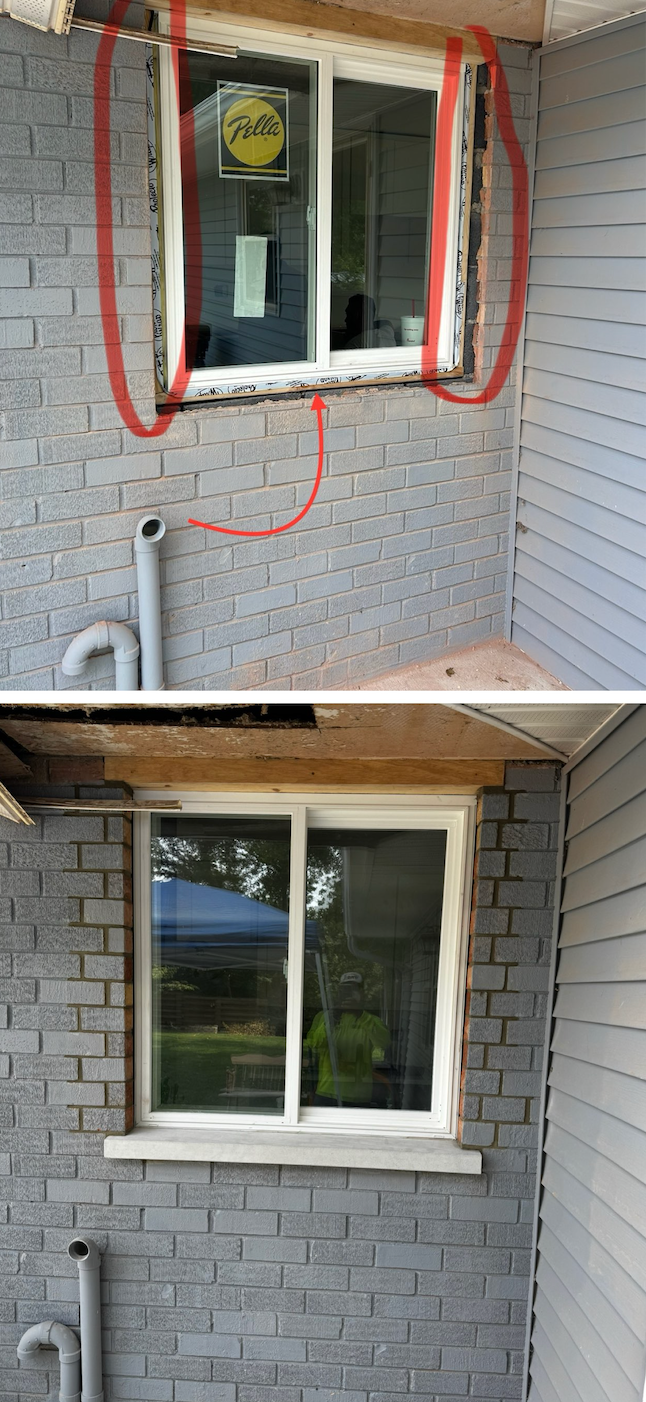 A before and after picture of a window on a brick wall.