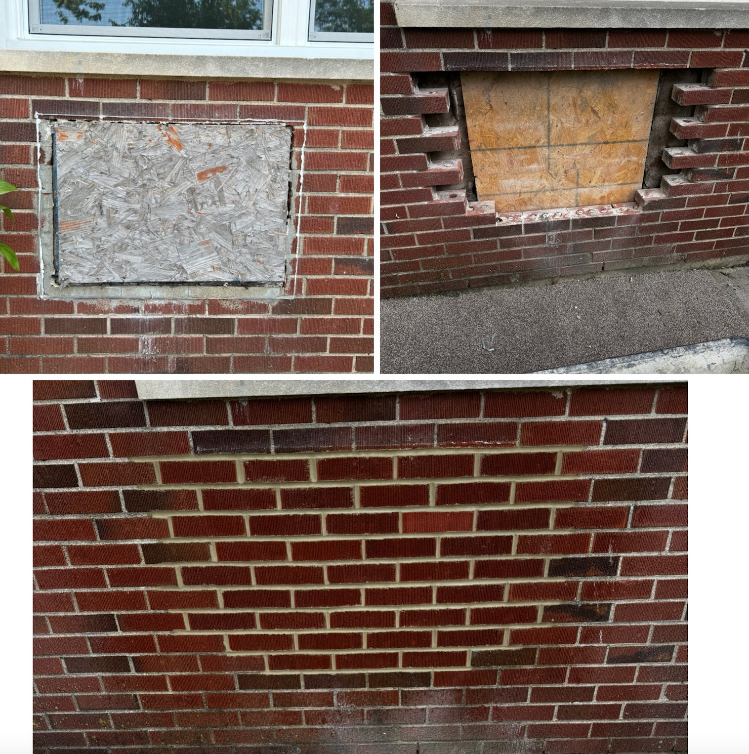 Three pictures of a brick wall with a hole in it