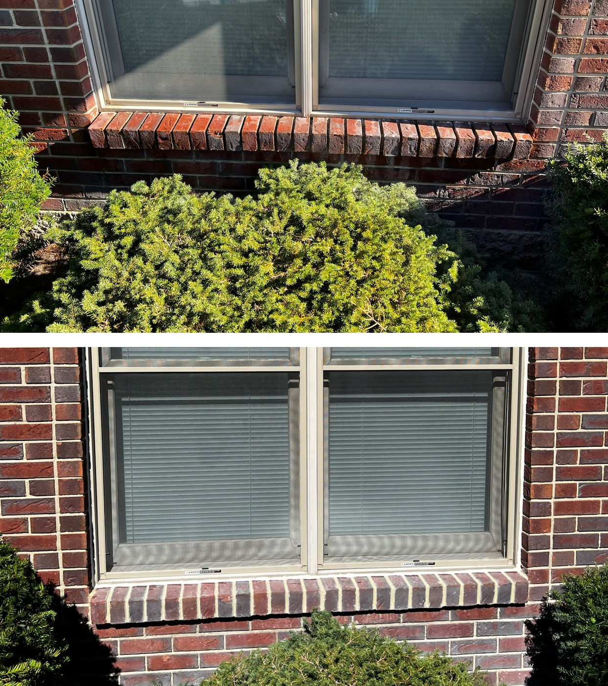 A before and after picture of a window on a brick building