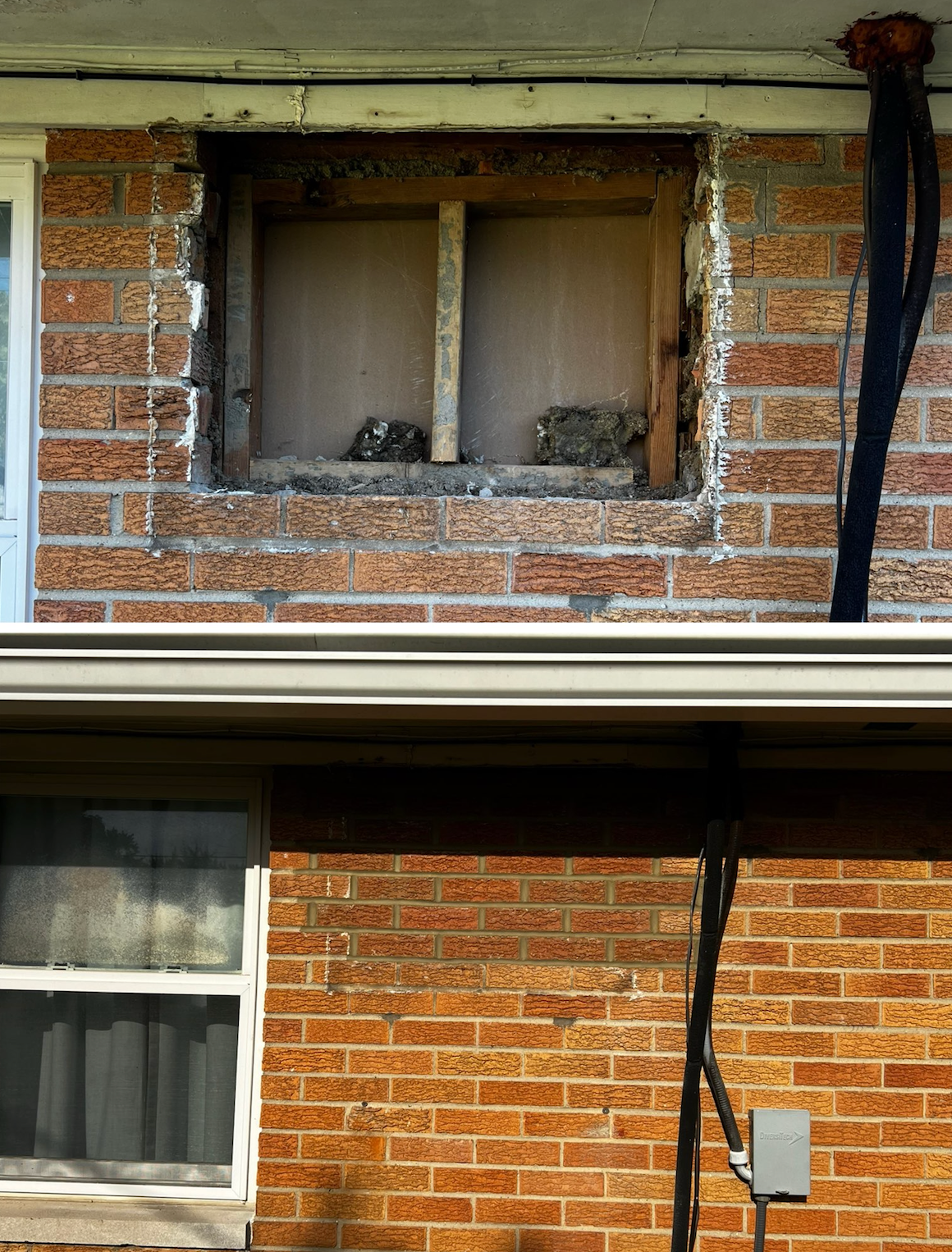 A brick wall with a hole in it and a window