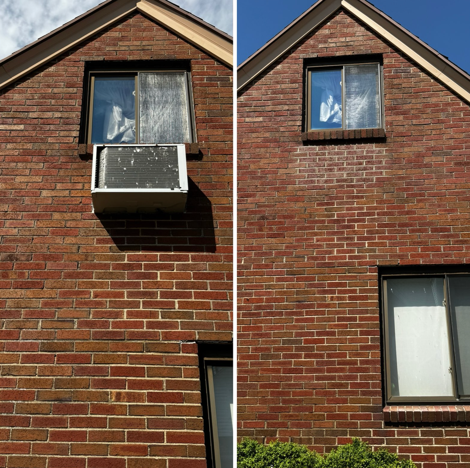 A before and after picture of a brick building