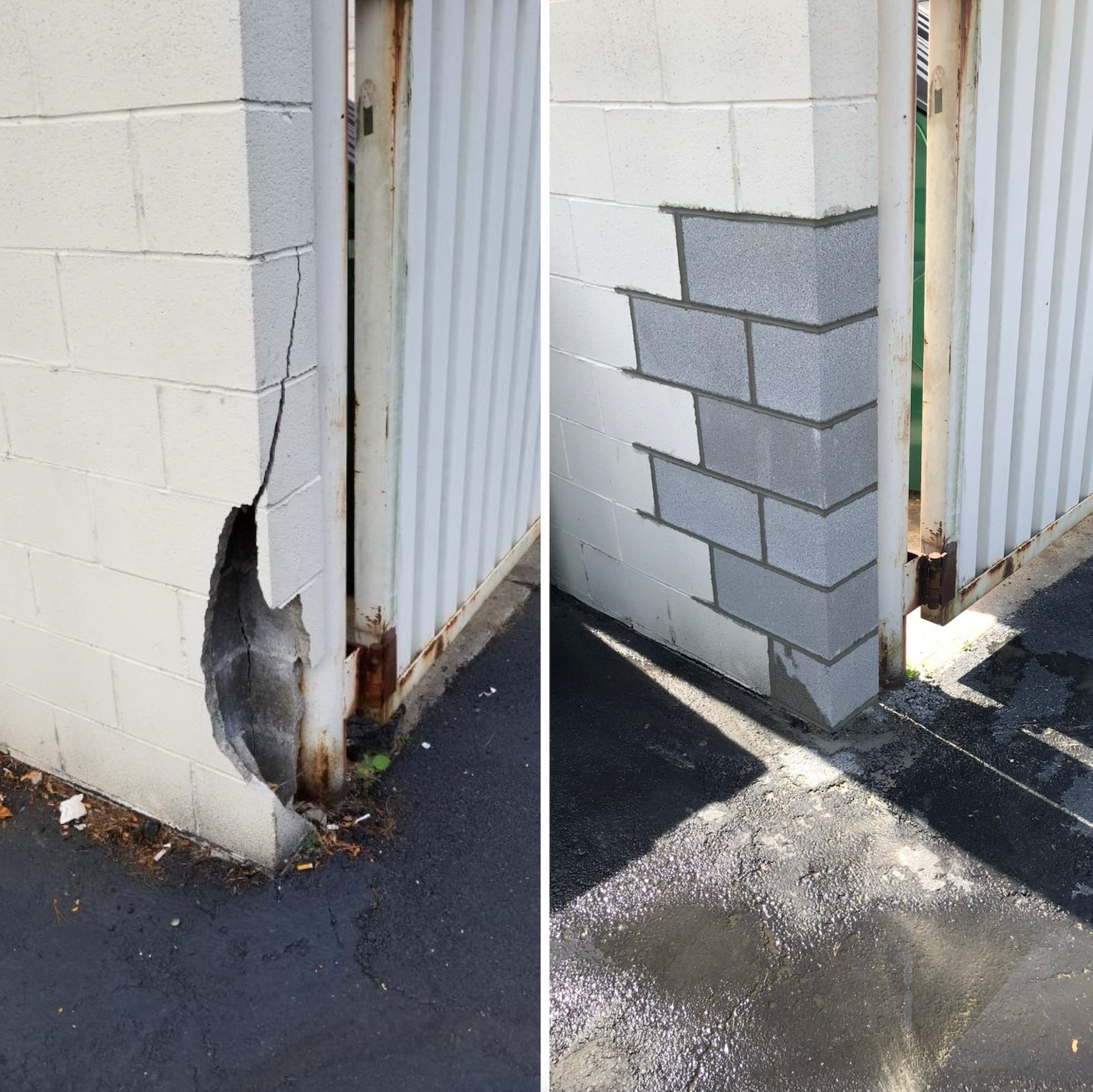 A before and after photo of a brick wall