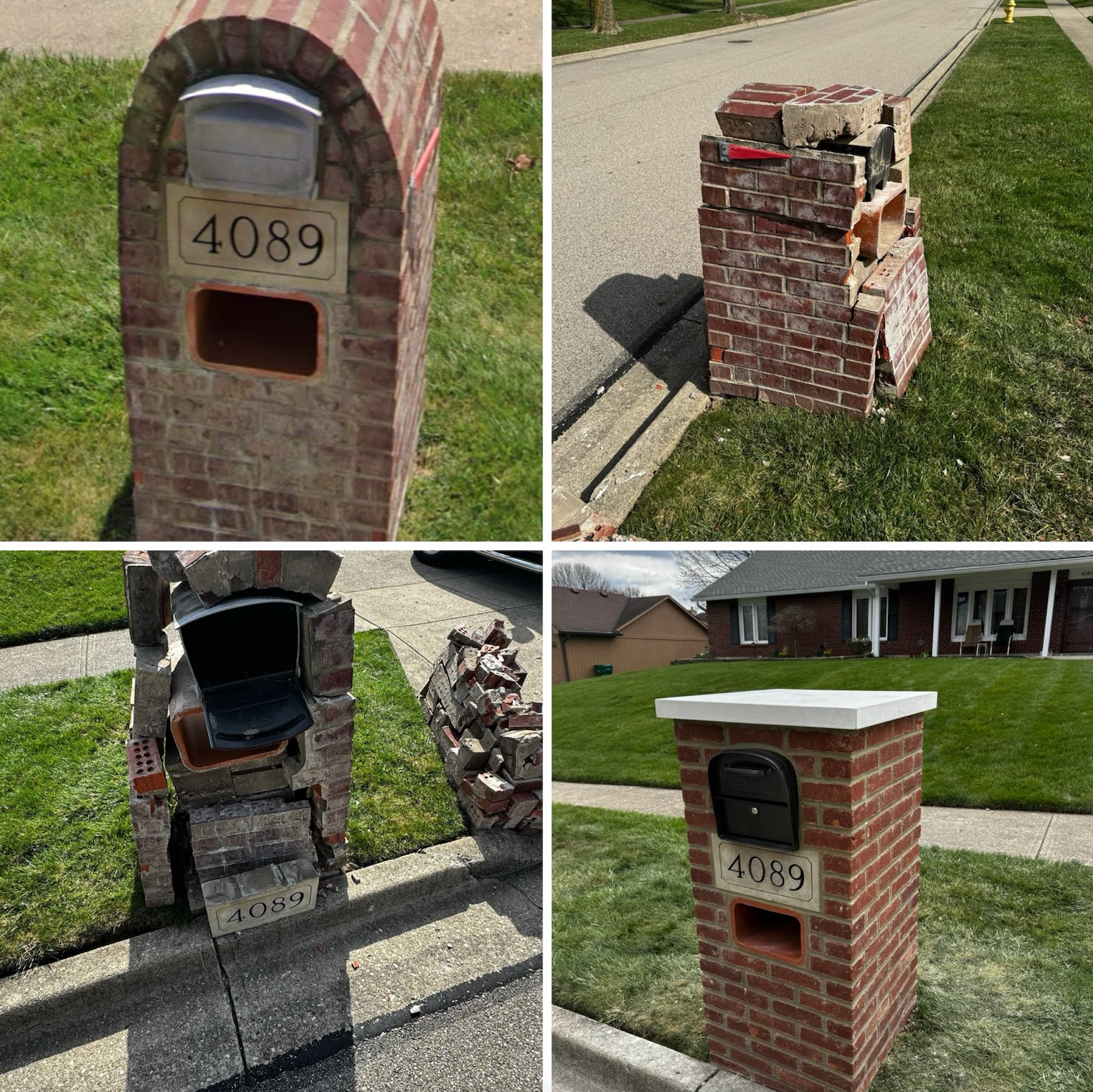 A collage of four pictures of a mailbox with the address 4069