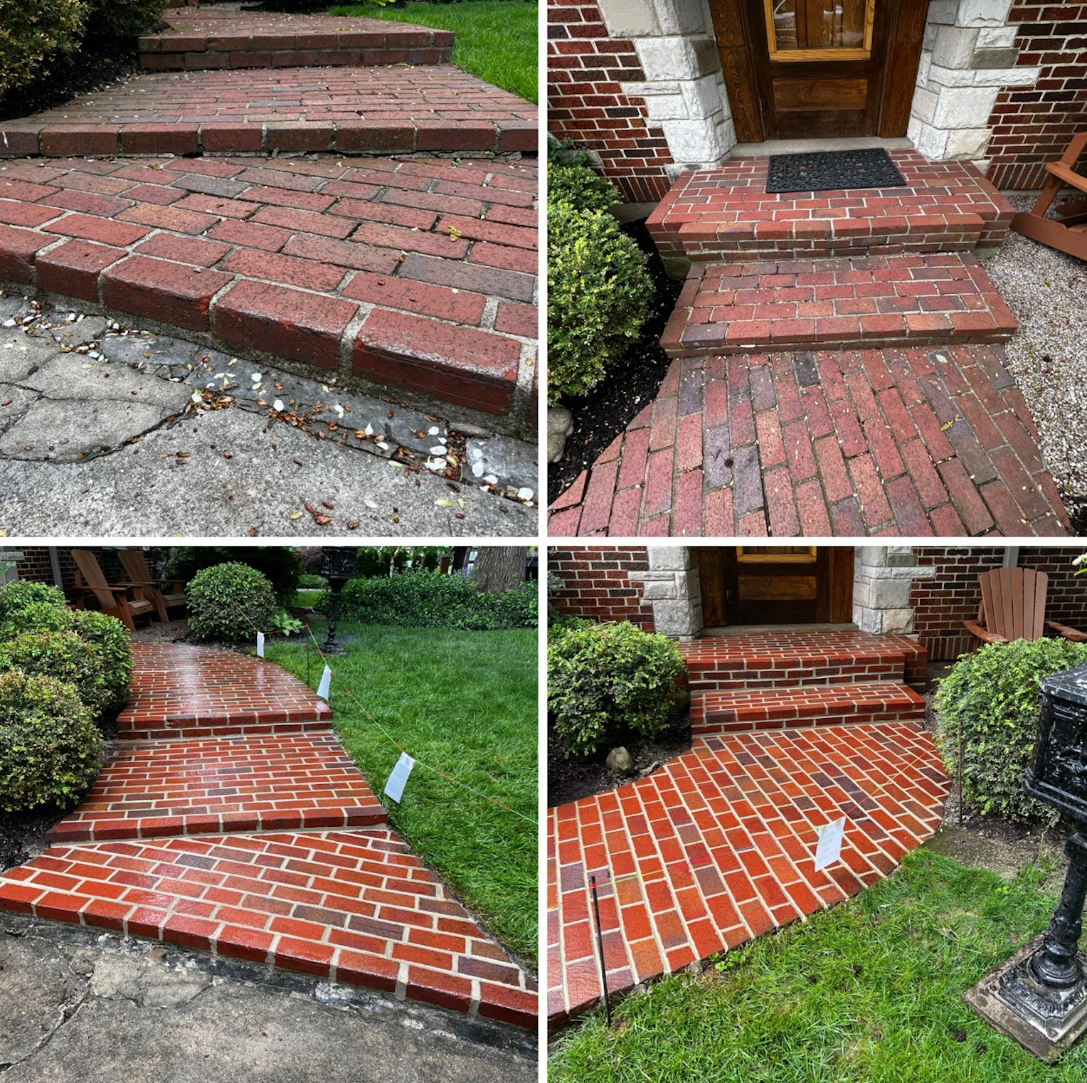 A collage of four pictures of a brick walkway before and after being cleaned.