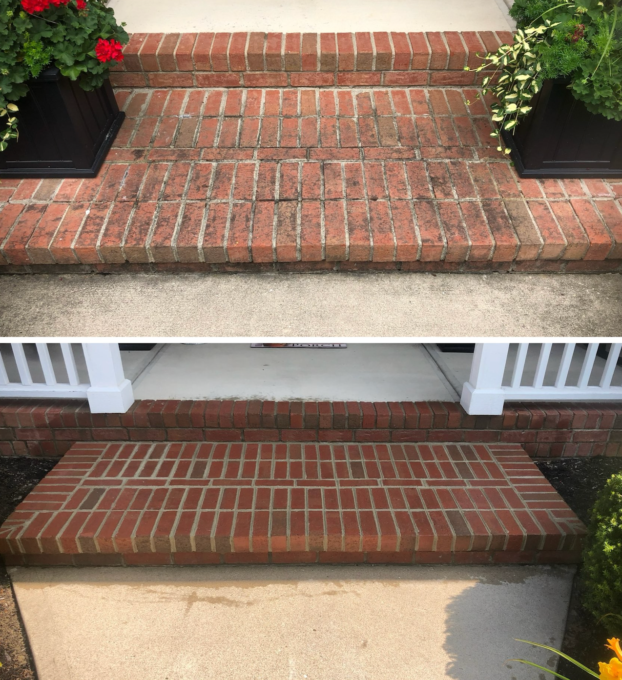 A before and after picture of a brick porch.