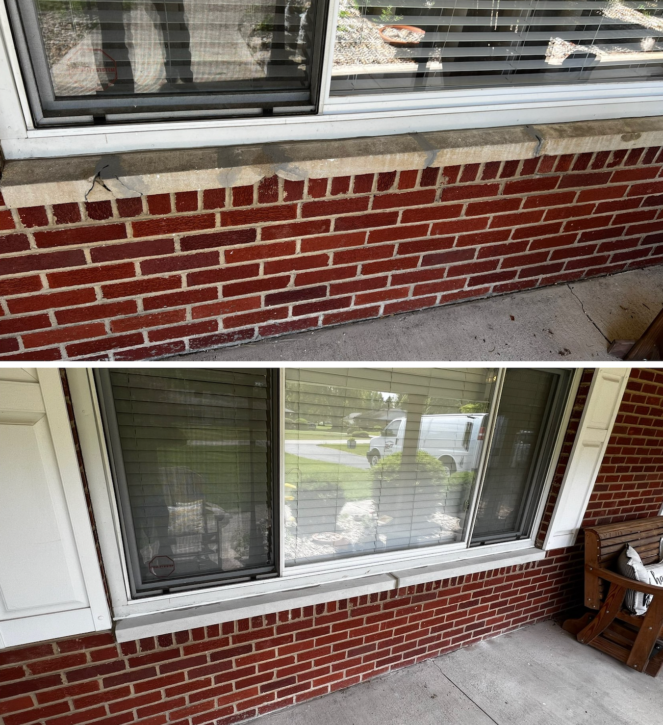 A before and after picture of a window on a brick wall.