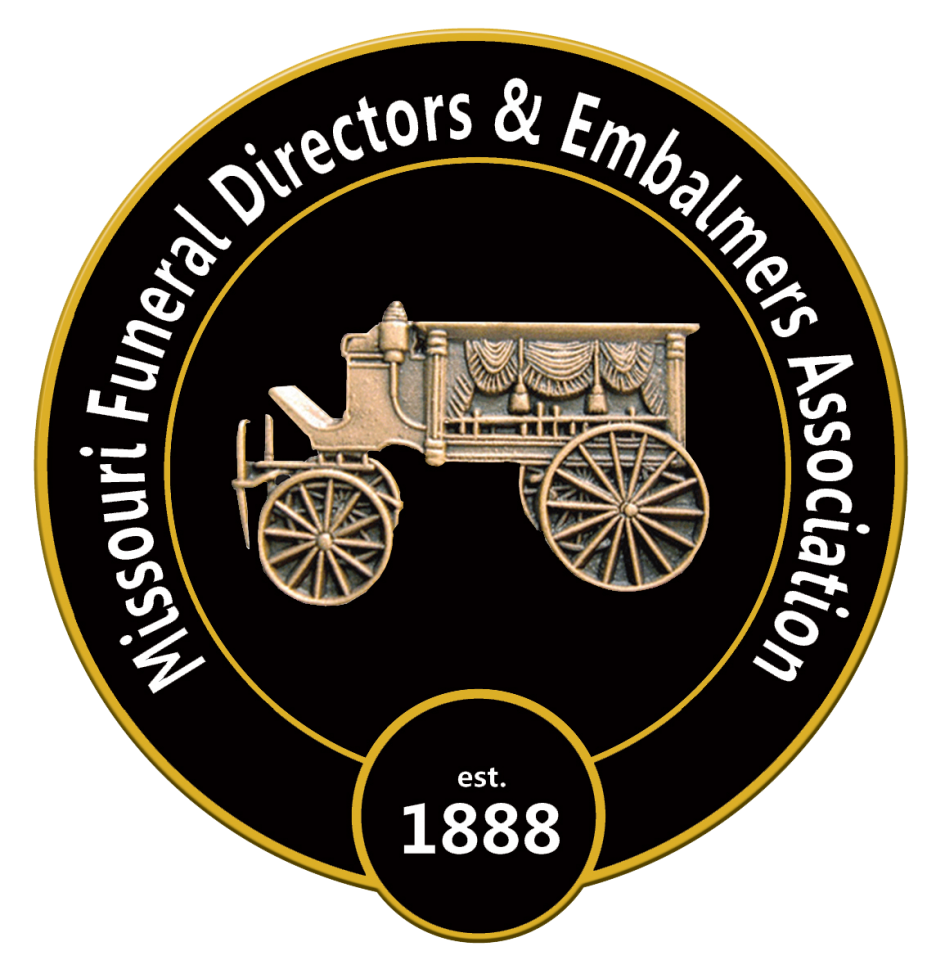 Missouri Funeral Directors & Embalmers Association logo: gold hearse on black circle, gold border, 
